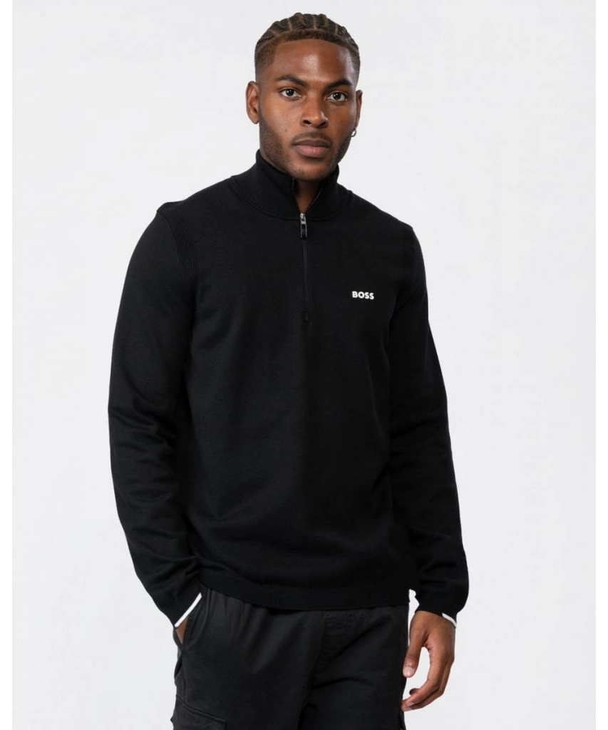 Hugo Boss Green Ever-X Mens Cotton Blend Zip-Neck Sweater with Logo Print - Black - Size Medium